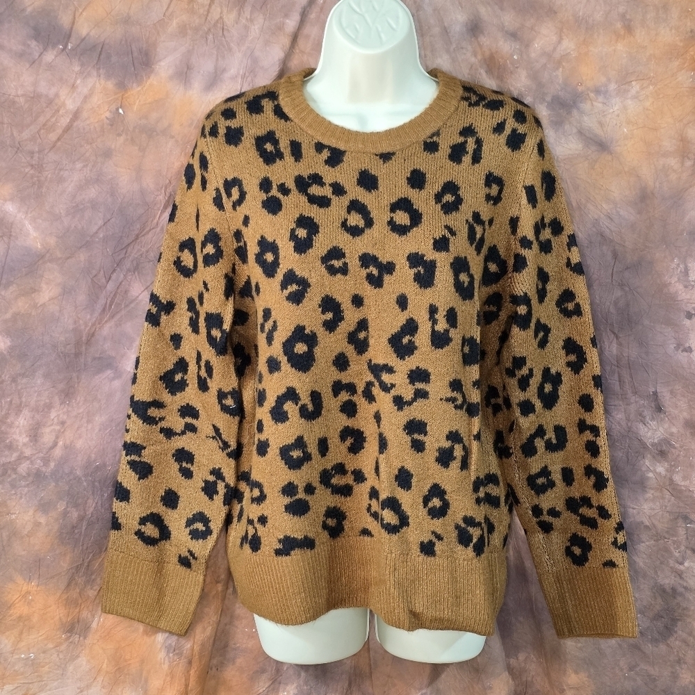Old Navy Leopard Sweater Crew Neck Long Sleeves Brown Black Cheetah L - Picture 4 of 11